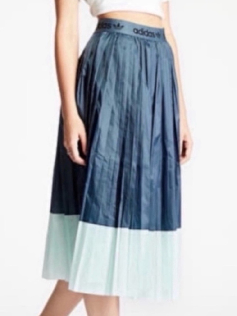 adidas Navy and Mint accordion Pleated Midi Skirt with Branded elastic Waistband